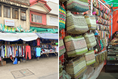 Secondhand clothes (ukay-ukay) displayed on the sidewalk (left photo) and handcrafted bags and accessories (right)