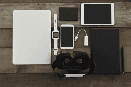 Gadgets and electronics laid on a table