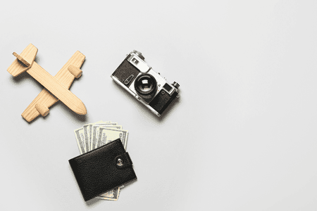 wooden plane, camera, and wallet with bills