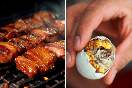 Grilled pork barbeque in skewers (left) and balut - a Filipino delicacy made of fertilized duck egg (right)
