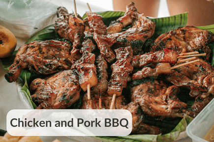 Skewers of pork and chicken marinated in savory sauces, grilled to perfection