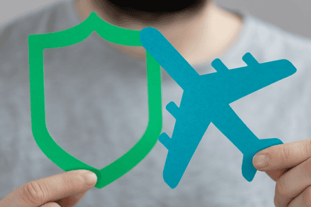 cartoon logos of shield and airplane