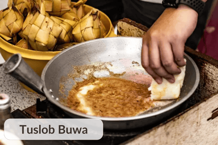 Puso rice dipped into a bubbling pork brain and liver sauce