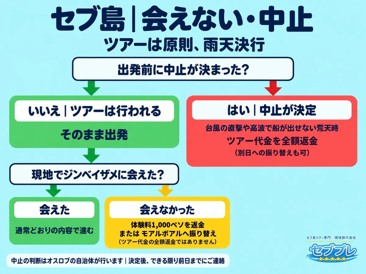 会えなかったとき・中止になったときのお金の流れ(分岐図)|「片道3〜4時間かけて行って、会えなかったら/中止になったらお金はどうなるのか」という不安に、 中止のタイミングごとに結果が違うことを示して答える。