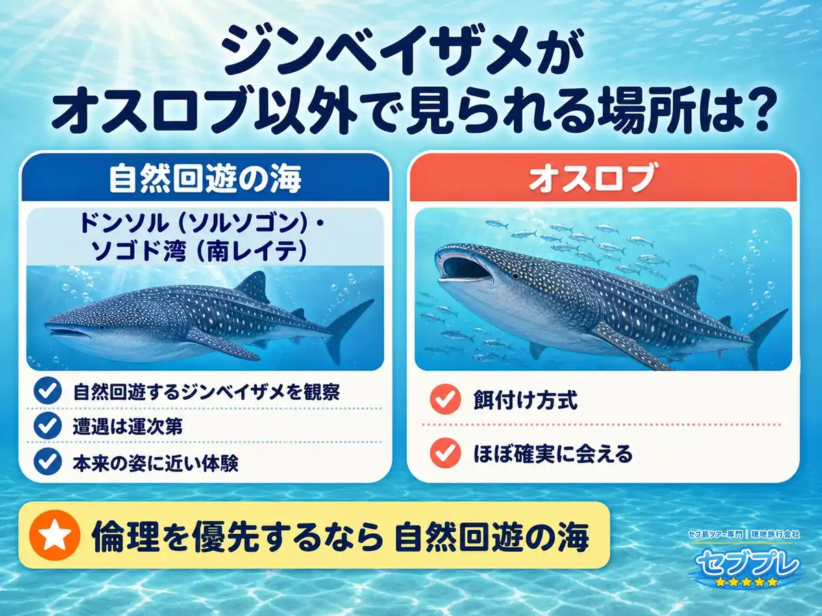 ジンベイザメはオスロブ以外どこで見られる?|ドンソル・ソゴド湾との比較|「自然な姿で会いたい」に、オスロブ以外の選択肢があると答える。確実さを取るか、自然さを取るか。