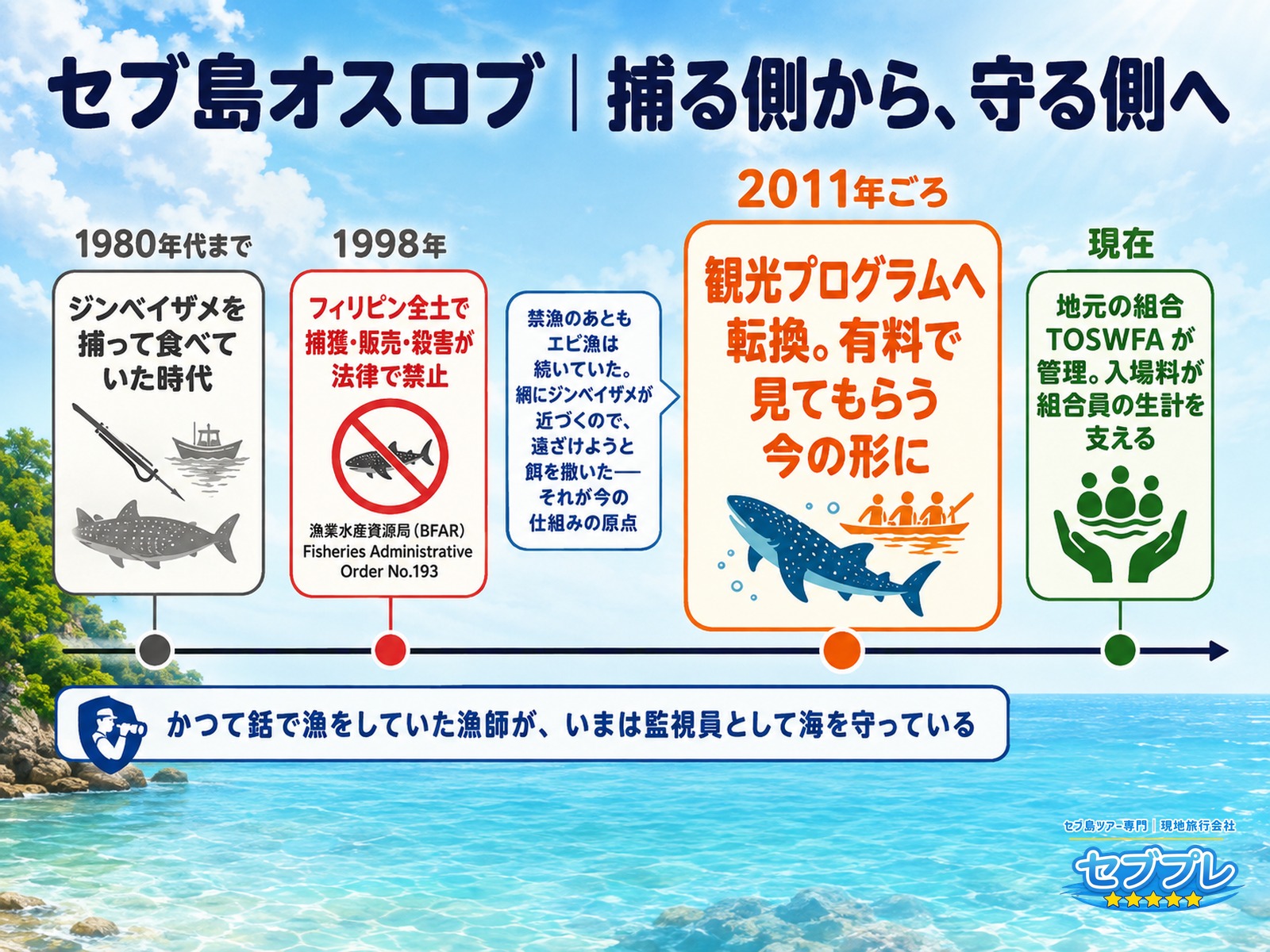 セブ島オスロブのジンベエザメ餌付けが1980年代に始まり2011年に観光地化するまでの流れを示した年表の図解