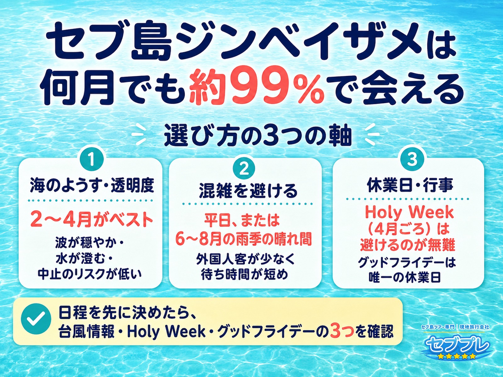まとめ:ジンベイザメは何月でも会えるが、行くなら2〜4月か雨季の晴れ間