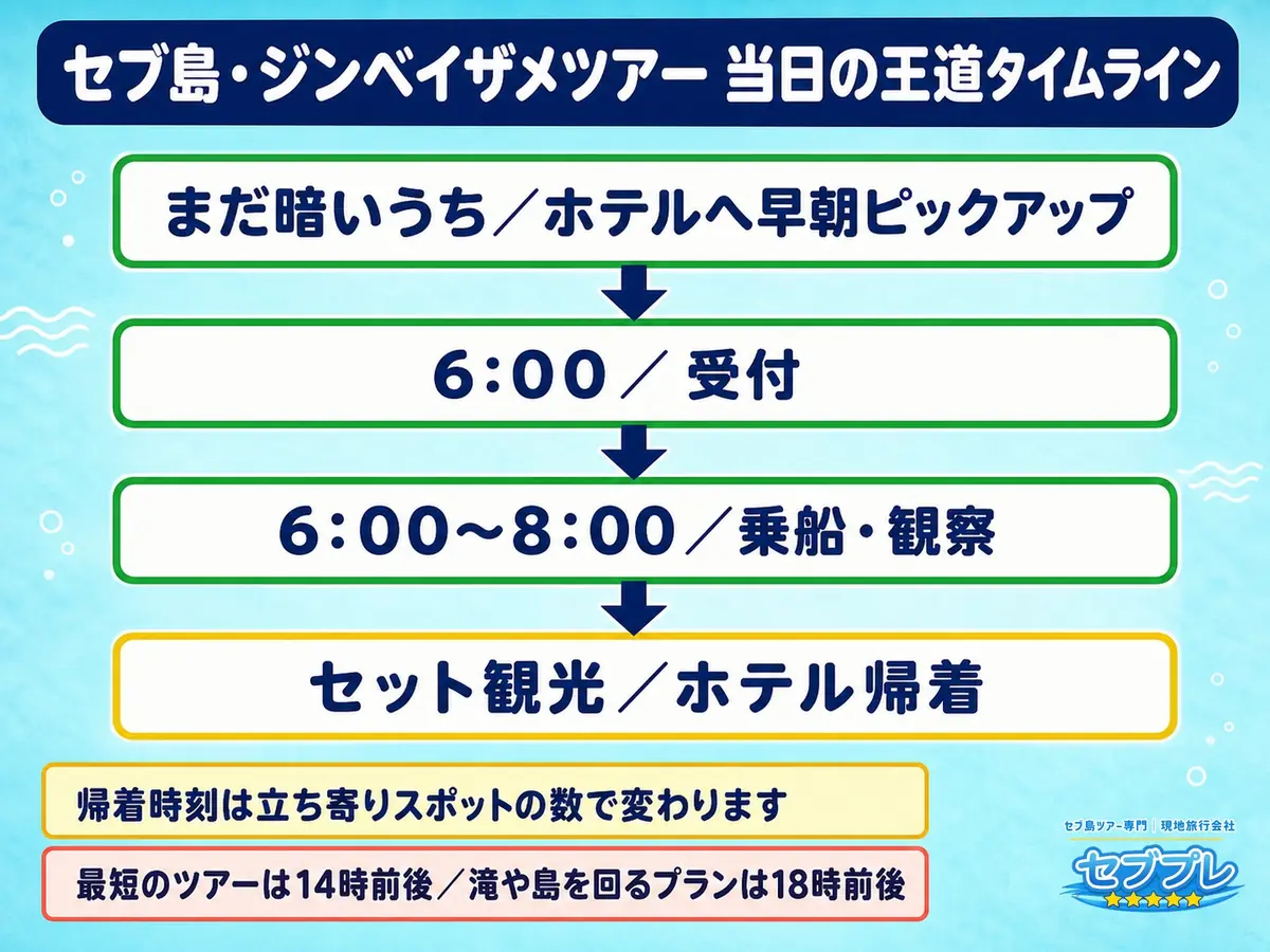 当日はどう動く?(1日のタイムライン)|「当日って何時に何をするの?」に、深夜出発から帰着までを1本の帯で答える。観察が終わるのは朝8時。そこから先は立ち寄り次第で帰着が変わる。