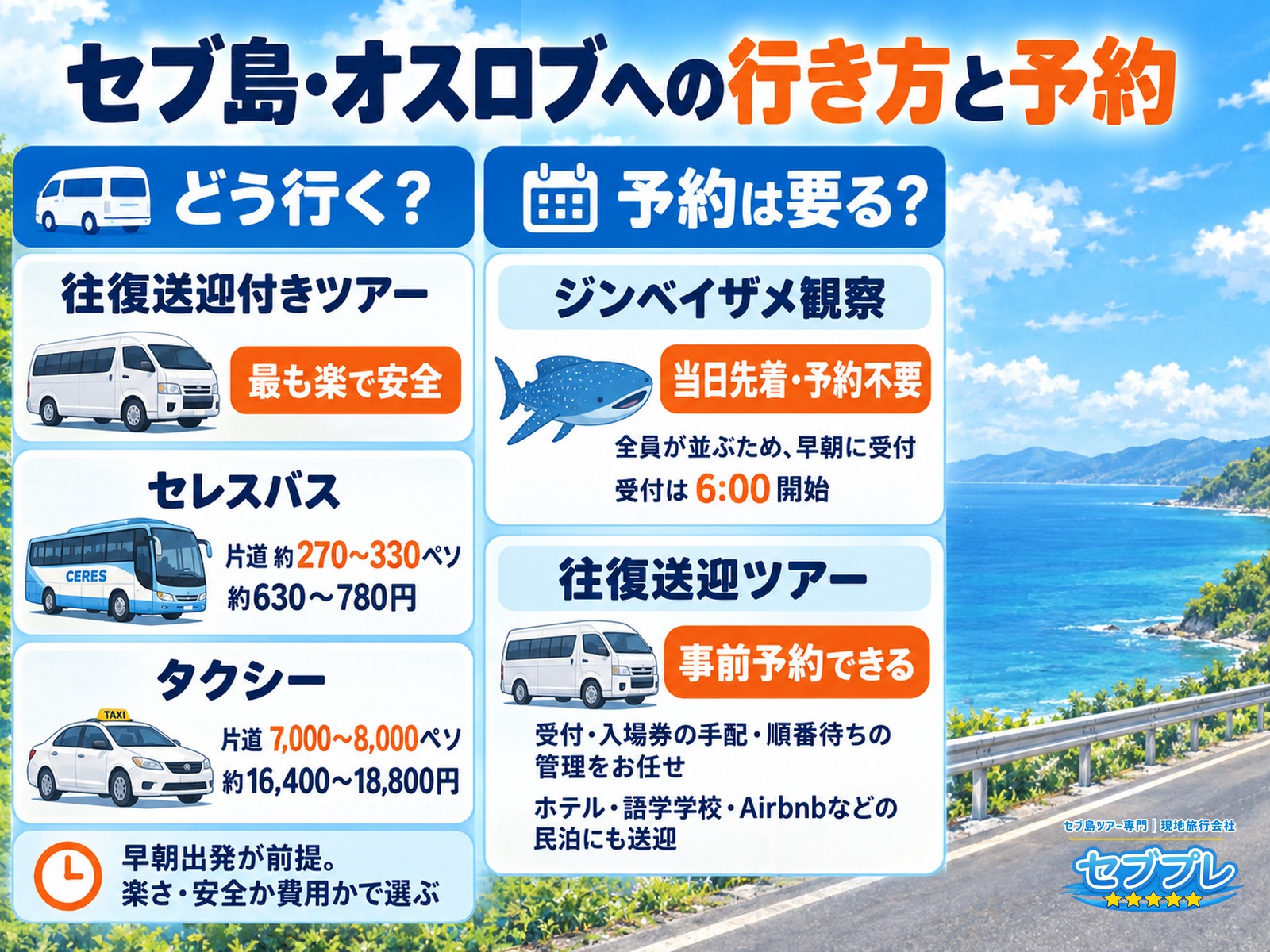 オスロブへの行き方と予約|バス片道270〜330ペソ・観察は当日先着で予約不要|「どう行って、予約は要る?」の2問に一度で答える。行き方は3つ、観察の予約は不要、送迎ツアーだけ事前予約できる。