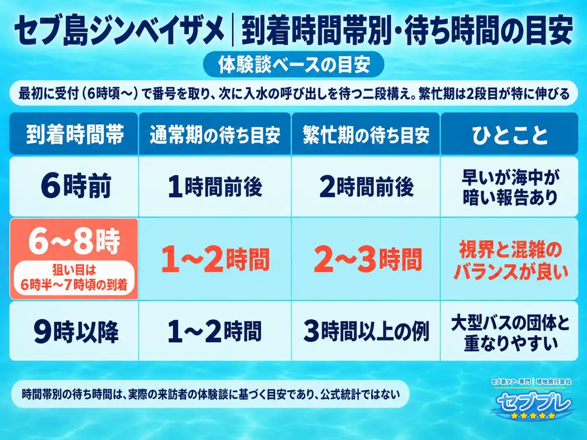 到着時間帯別・待ち時間の目安|「何時に着くのがいちばんいい?」に、6時半〜7時頃と答える。早すぎると海中が暗い。遅いと団体と重なる。
